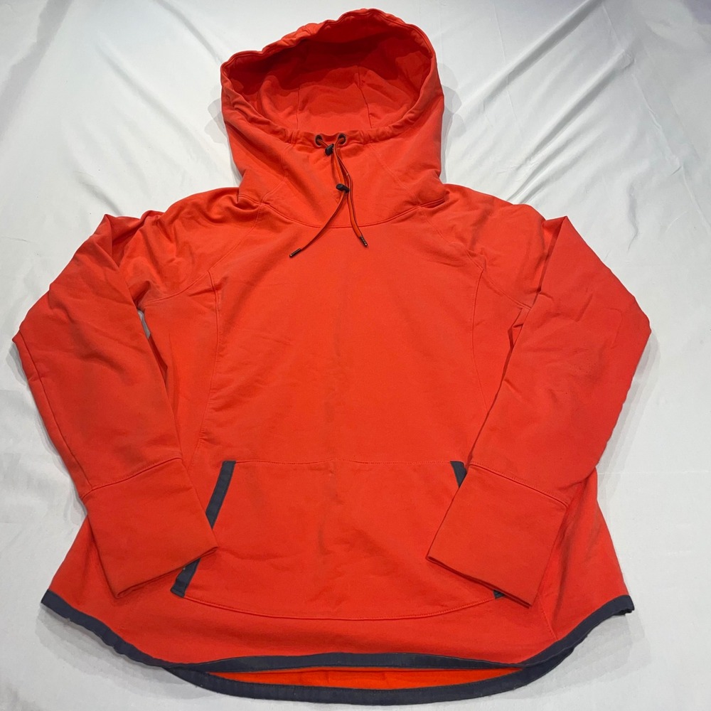 Athleta Womens Orange Red Funnel Neck Hoodie Pullover Thumbholes Size L